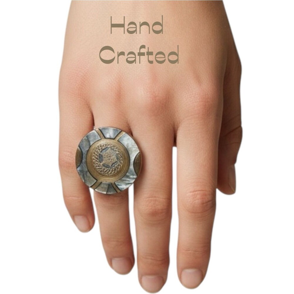 Hand Crafted Green Tan Resin Fabric Buttons Statement Ring NWT O S